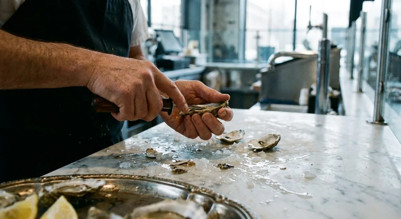 Window counter at Essex Pearl where the oyster shucker works facing Essex Street and shells pile on ice