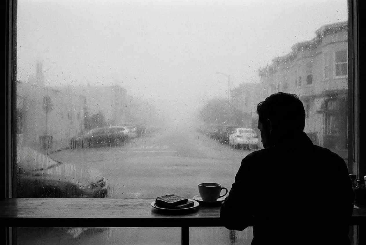 Window seats at Trouble Coffee where the cinnamon toast is cut diagonally and the fog lifts off Judah Street