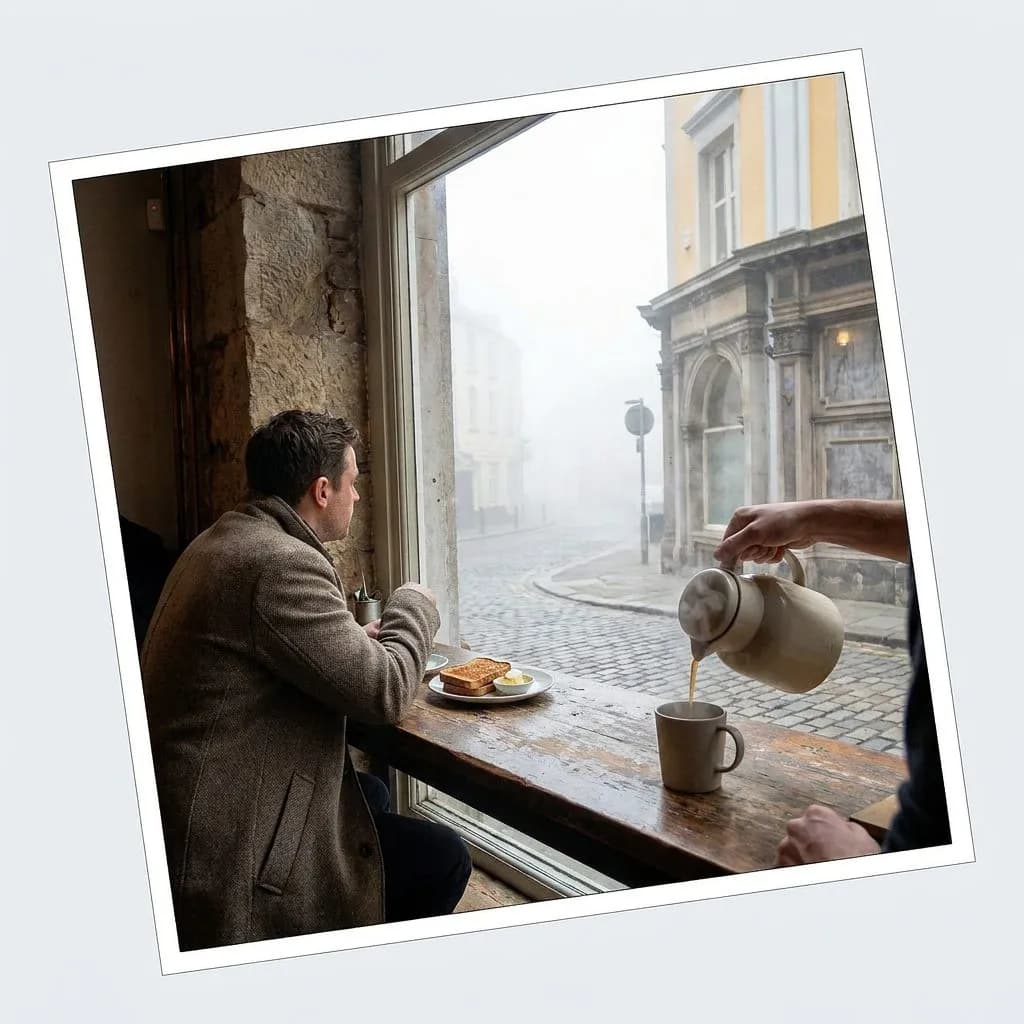 Window seats at Trouble Coffee where the cinnamon toast is cut diagonally and the fog lifts off Judah Street