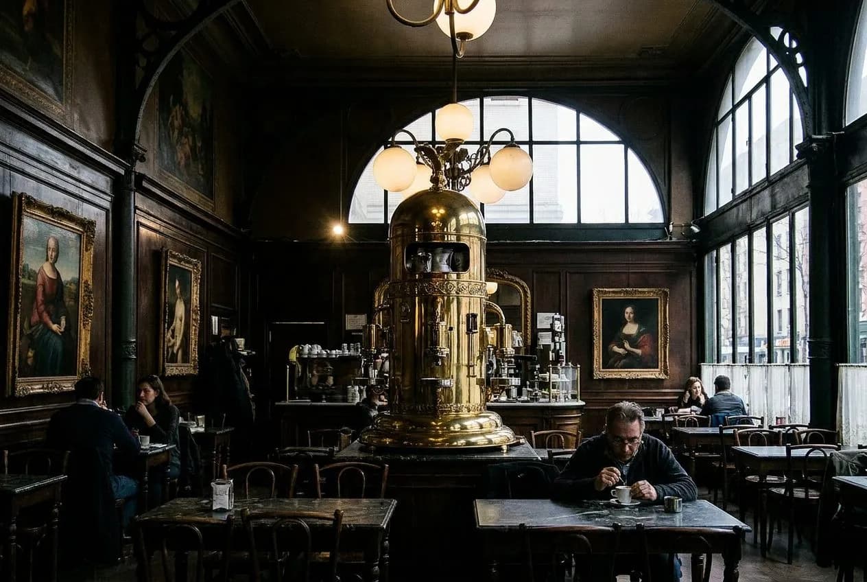 The window table at Caffè Reggio where the 1902 espresso machine still gleams