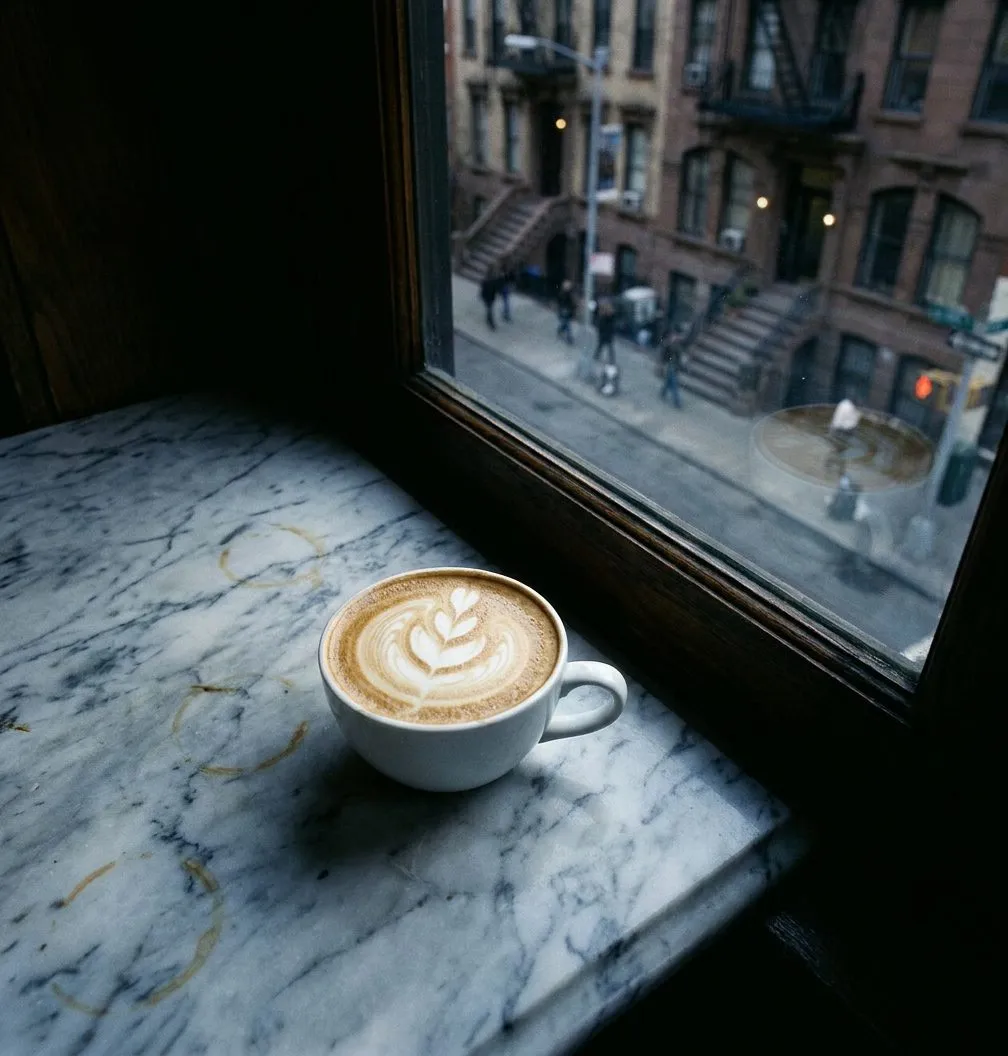 The window table at Caffè Reggio where the 1902 espresso machine still gleams