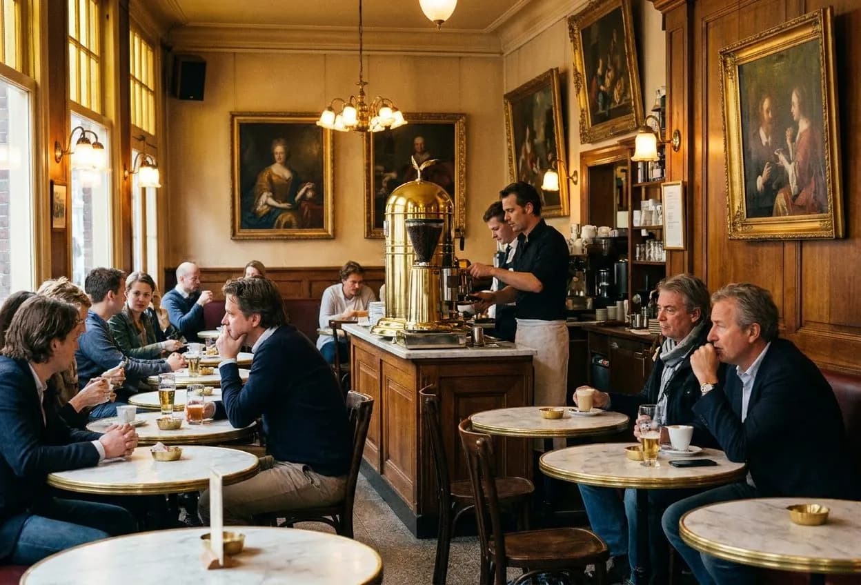 The window table at Caffè Reggio where the 1902 espresso machine still gleams