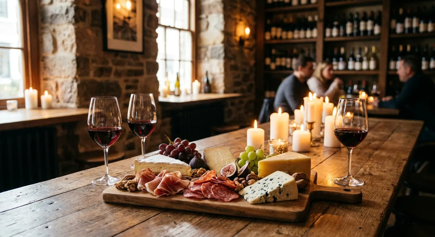 A wooden board of cheeses and charcuterie beside two glasses of red wine on a candlelit table