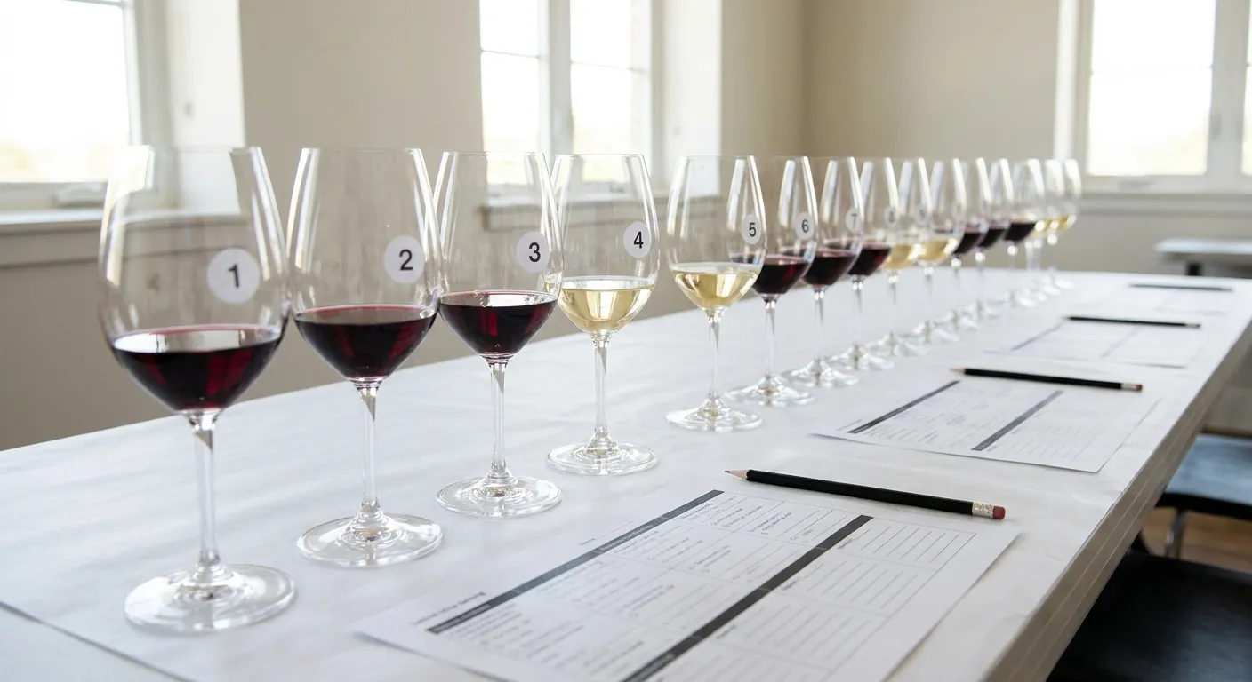 Numbered wine glasses lined up for a blind tasting on white paper with tasting-note sheets and pencils
