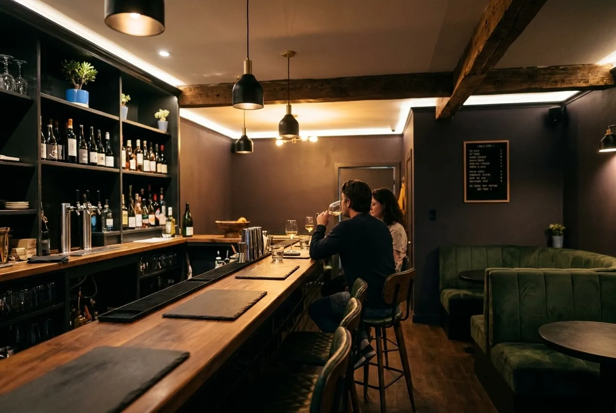 The dark wood counter and bottle shelves of a small Echo Park natural wine bar at night