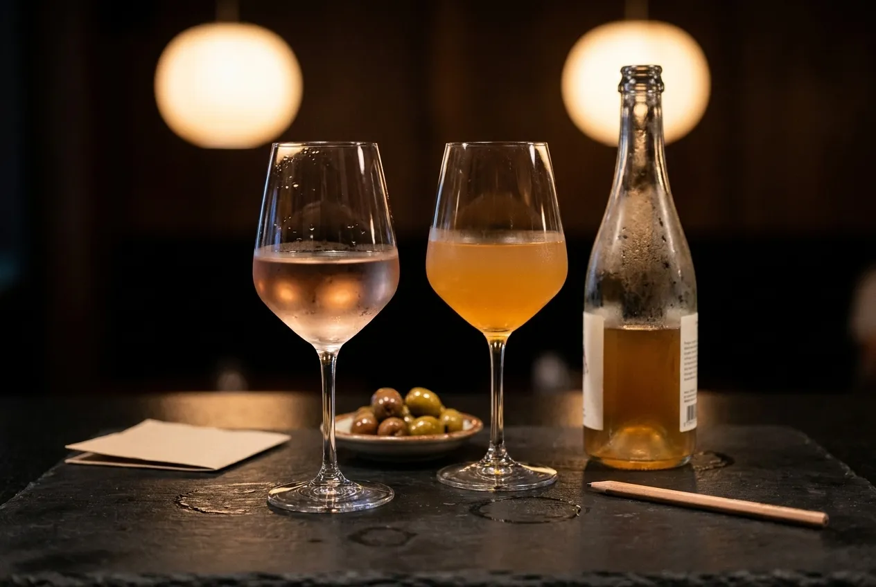 Two glasses of chilled natural wine and an open bottle on a dark slate bar top under warm pendant lights