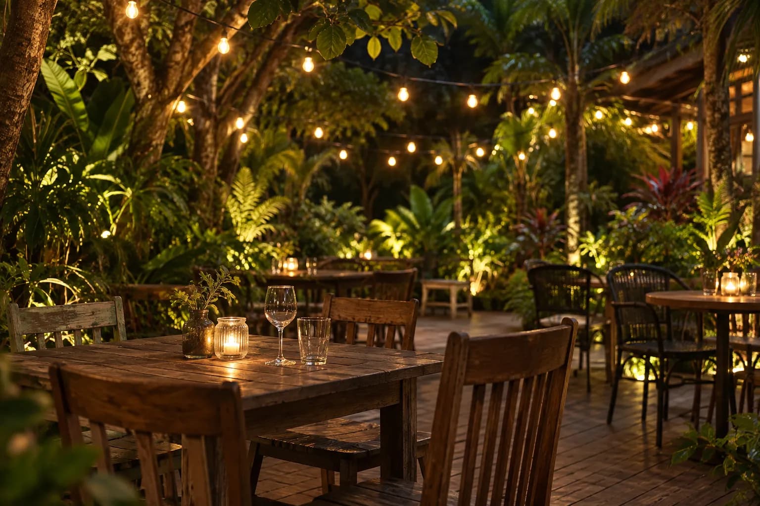 A garden courtyard at night with string lights above scattered wooden tables