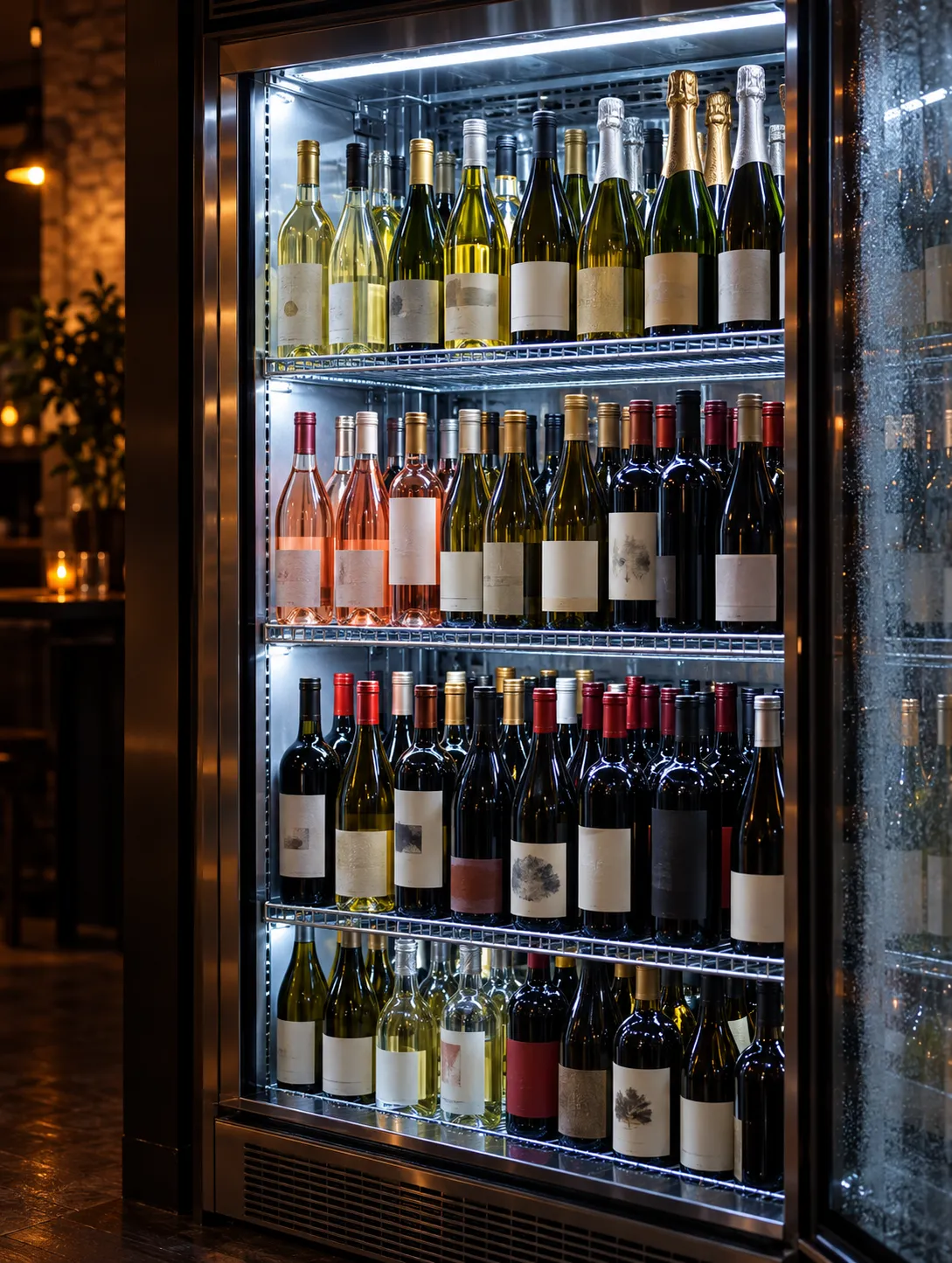 An open refrigerator case filled with rows of wine bottles