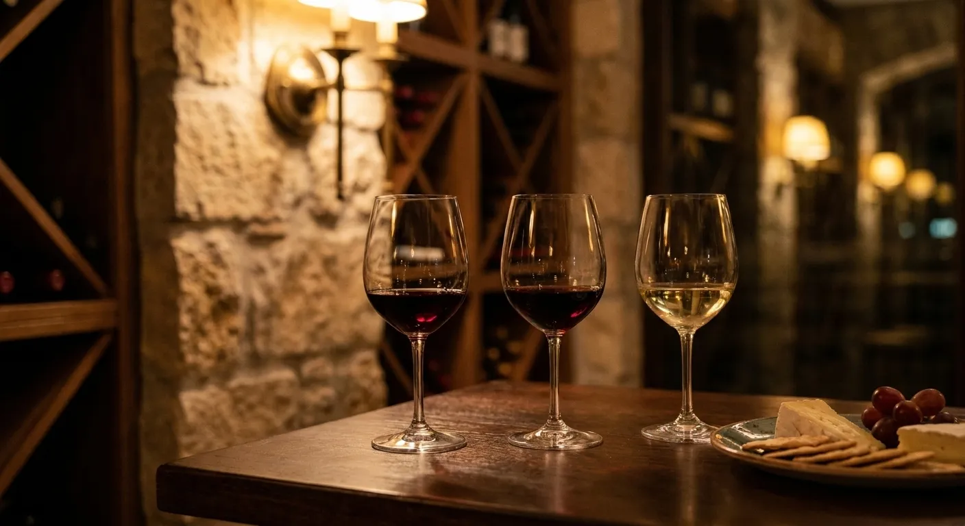 Three glasses in a row on a dark wooden table with shallow pours, a small plate of cheese at the frame's edge under warm low light