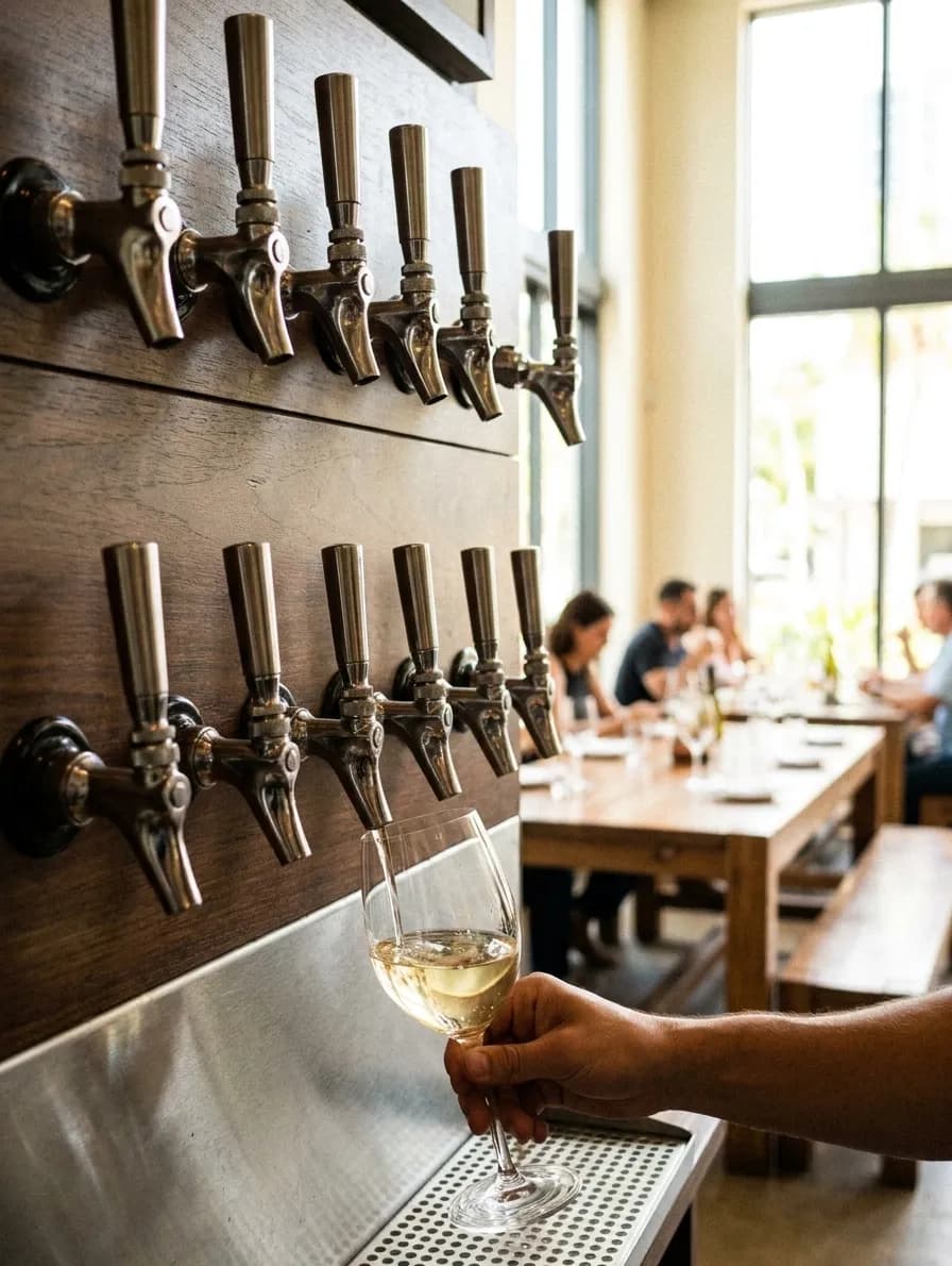 A wall of stainless wine taps in a bright downtown Miami dining room, a glass filling with pale white wine beneath one of them