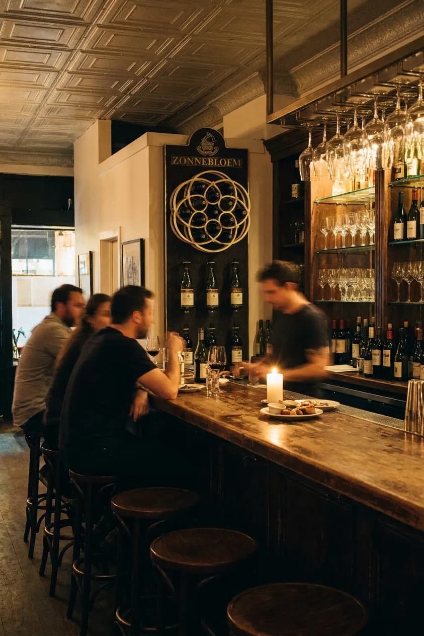 A small dim downtown New York wine bar in the evening, a worn wooden bar with four of six stools taken under a pressed tin ceiling, bottles lined up behind