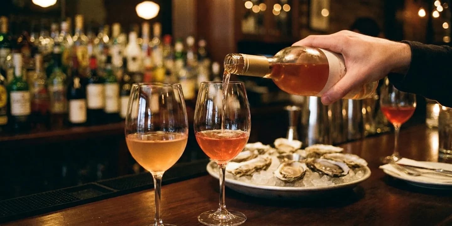 Two wine glasses on a dark bar counter, one pale orange and one light red, with a hand pouring a small taste from an unlabelled bottle beside a plate of oysters