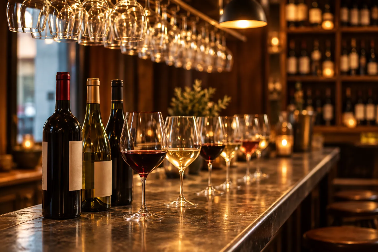A narrow bar counter lined with wine glasses and open bottles under warm light