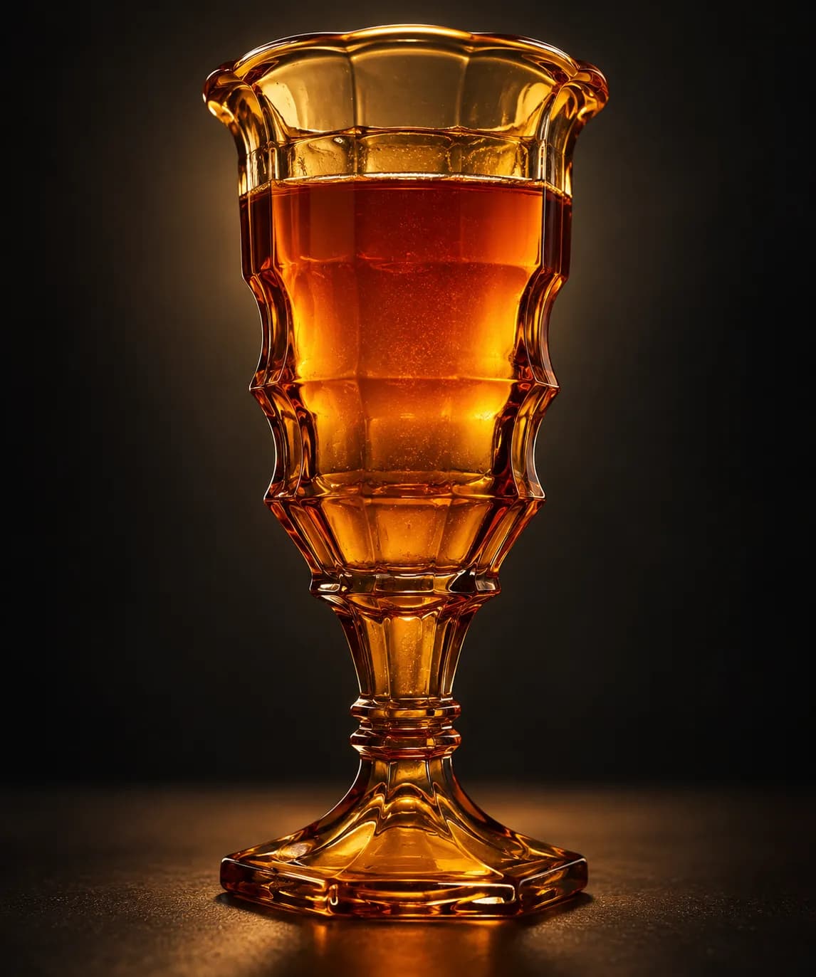 A glass of amber-coloured wine held against a dark background