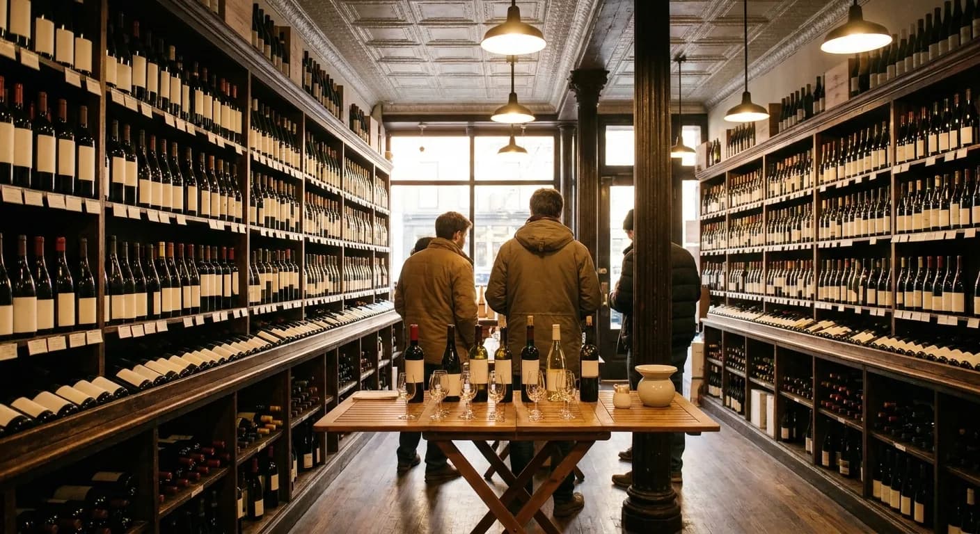 A tasting table with open bottles and small glasses at the end of an aisle in a timber-shelved downtown New York wine shop