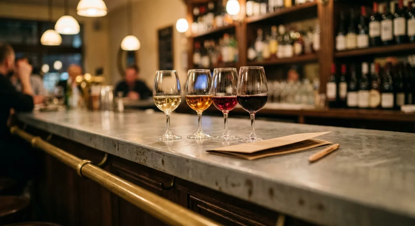 Four small stemmed glasses of different colored wine lined up on a worn zinc bar top with a blank card and pencil beside them
