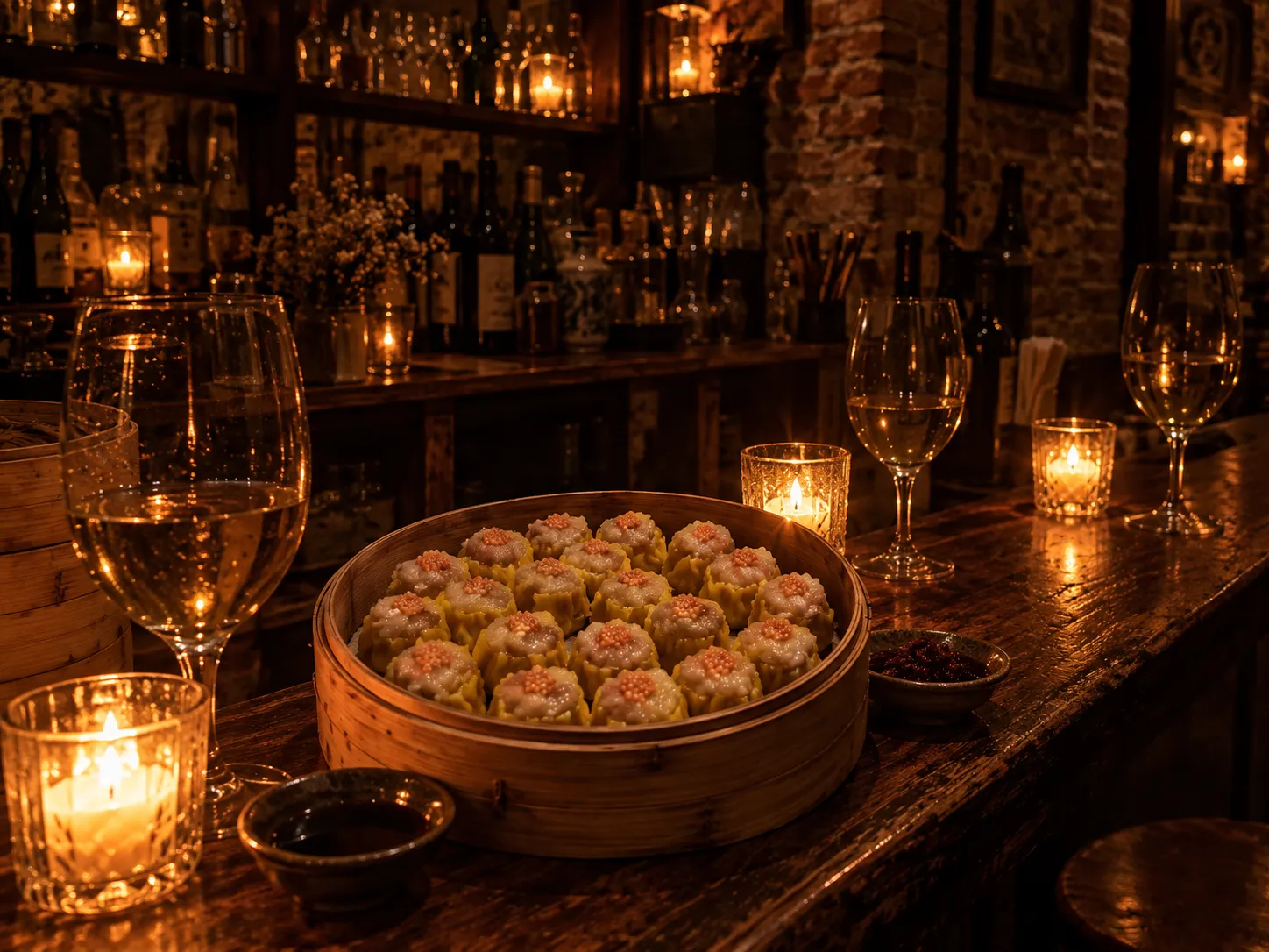 A dim bar interior with candles and wine glasses on a worn wooden counter