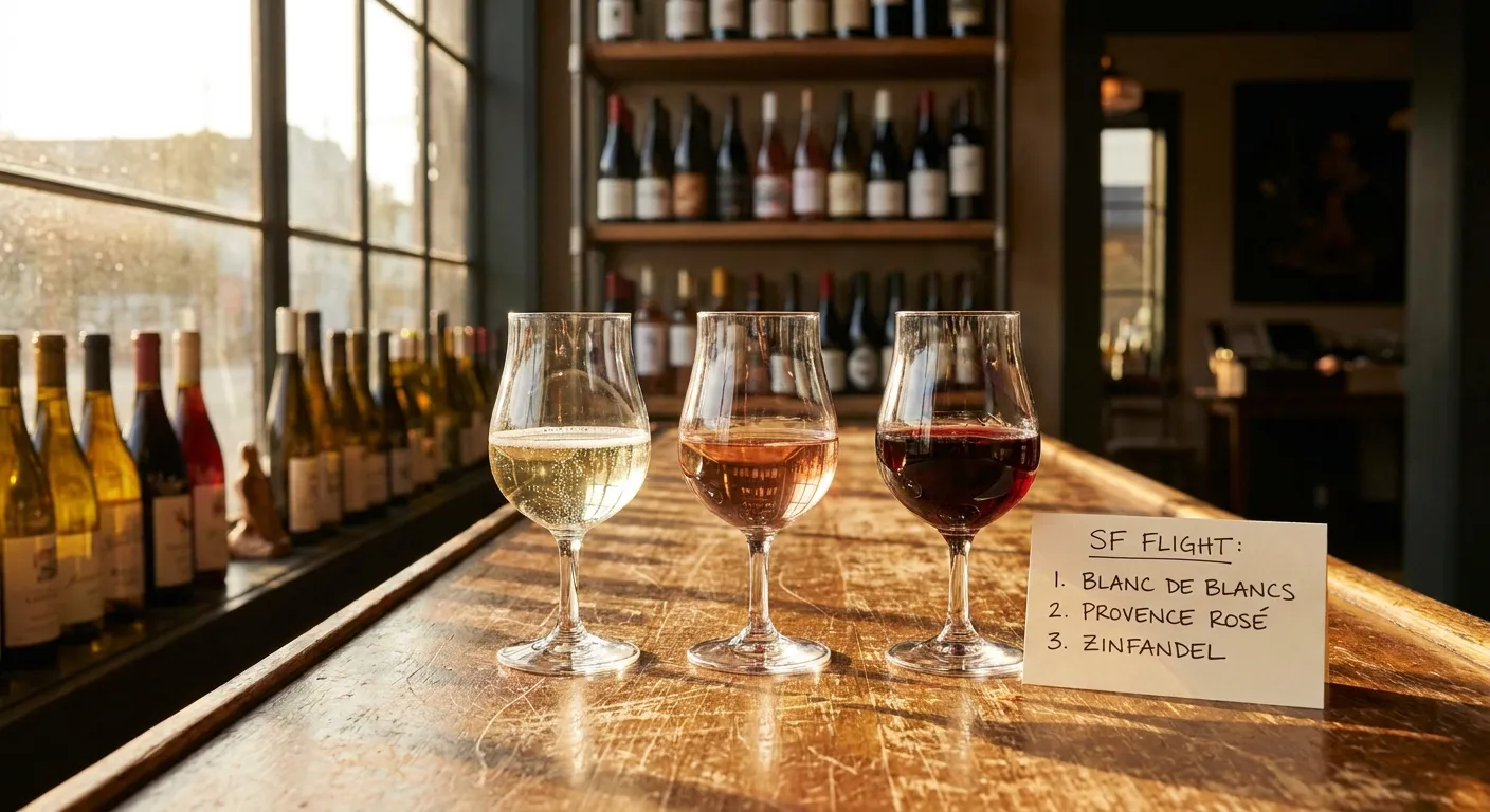 Three small tasting pours of wine lined up on a wooden bar beside a handwritten flight card