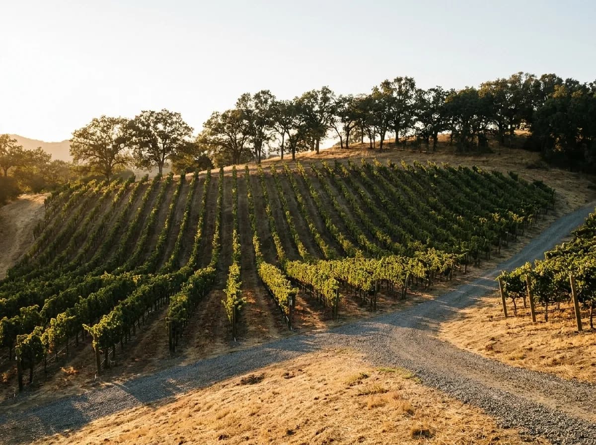 Ordered rows of vines running across a dry golden Southern California hillside in warm late-afternoon light
