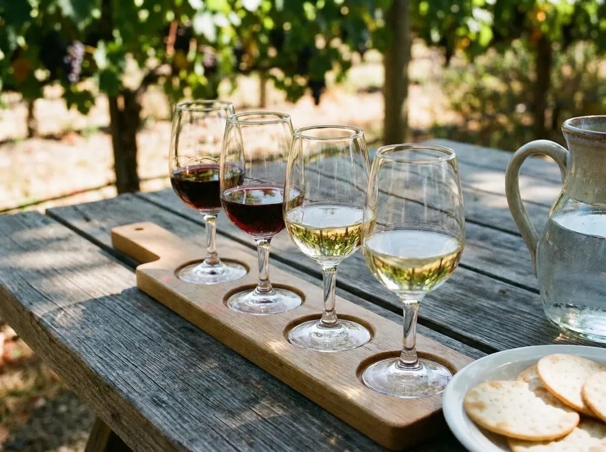 A row of small tasting glasses on a wooden board on an outdoor table with vines out of focus behind