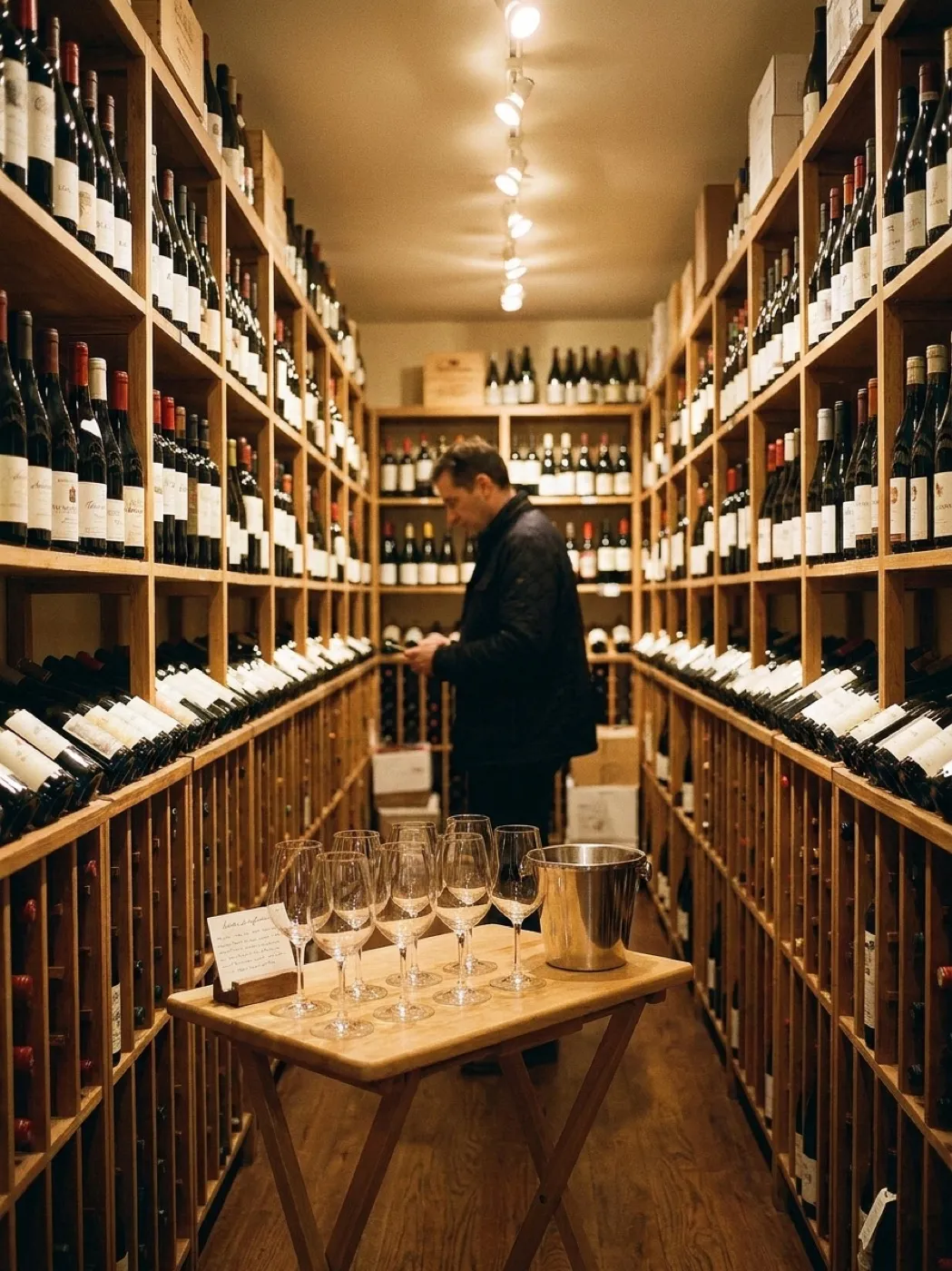 A wine shop interior with tall wooden racks of bottles and a small tasting table with glasses set out near the front