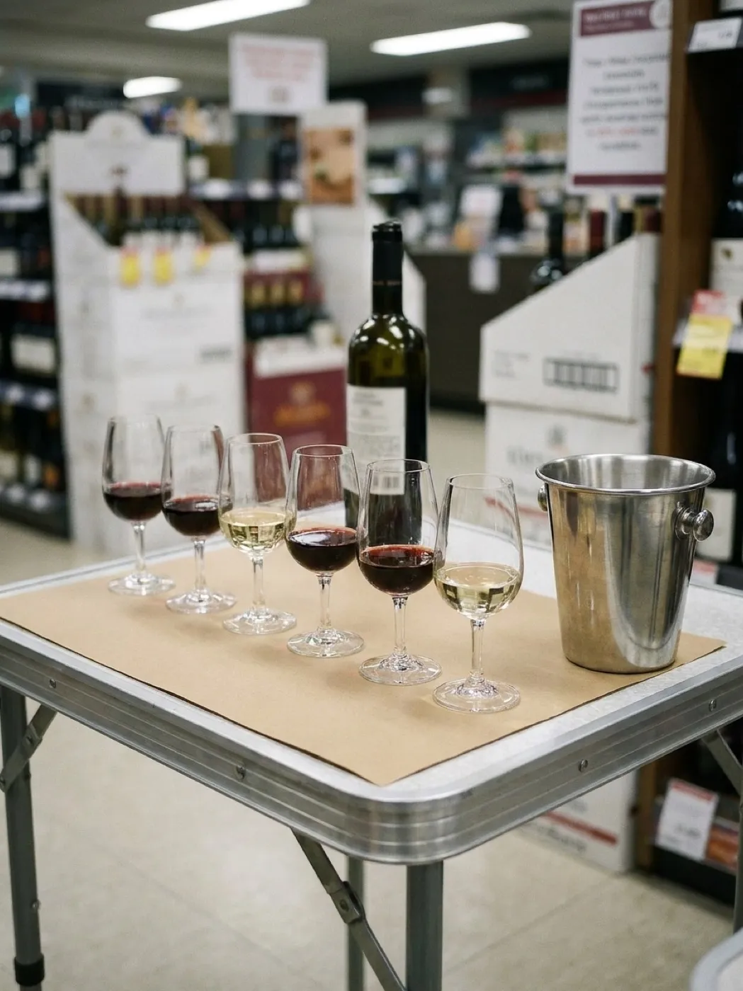 Six small pours of wine lined up on a paper mat on a folding table with a spit bucket at the end