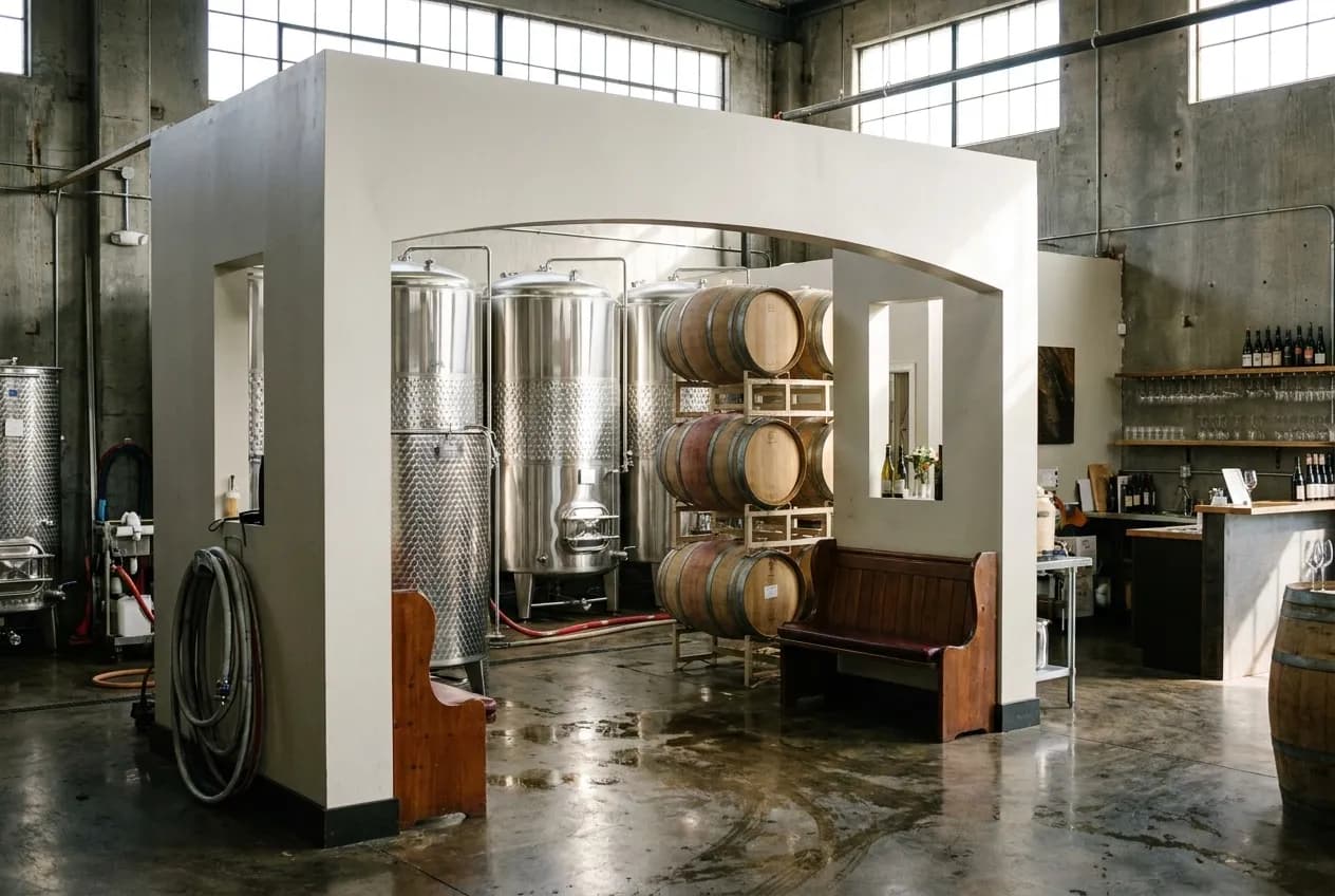 Production floor interior of urban winery with fermentation tanks and barrel storage in Los Angeles