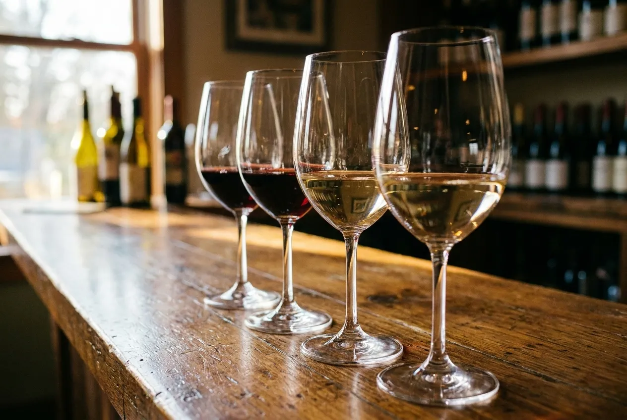 A flight of four wine glasses on a bar counter in Los Angeles