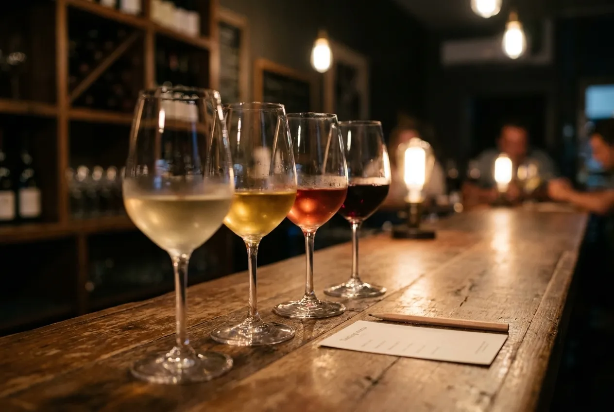 Four wine glasses arranged as a tasting flight on a wooden bar counter in an NYC wine bar