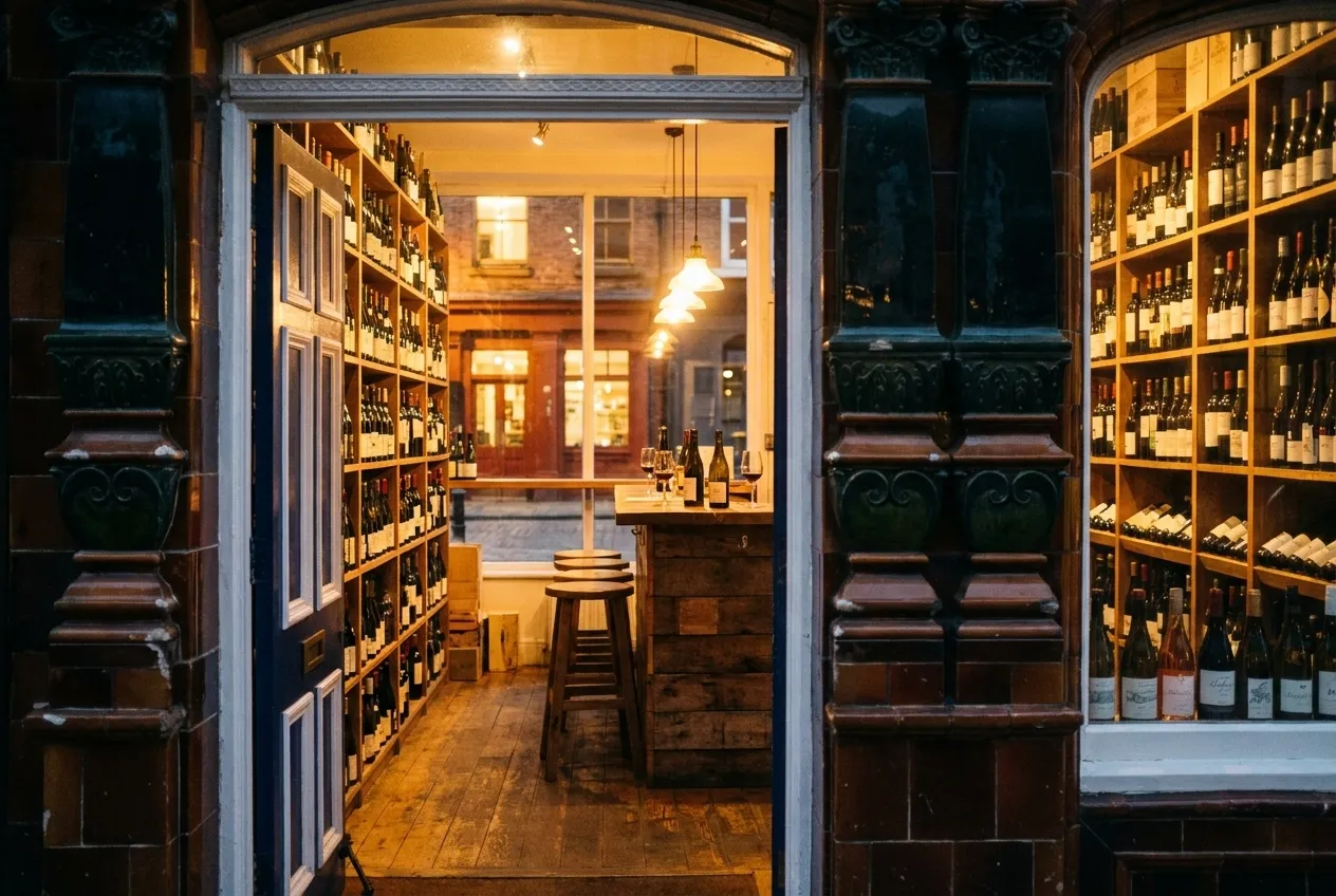 Interior of a small neighborhood wine shop in Brooklyn with a tasting bar and bottle-lined walls