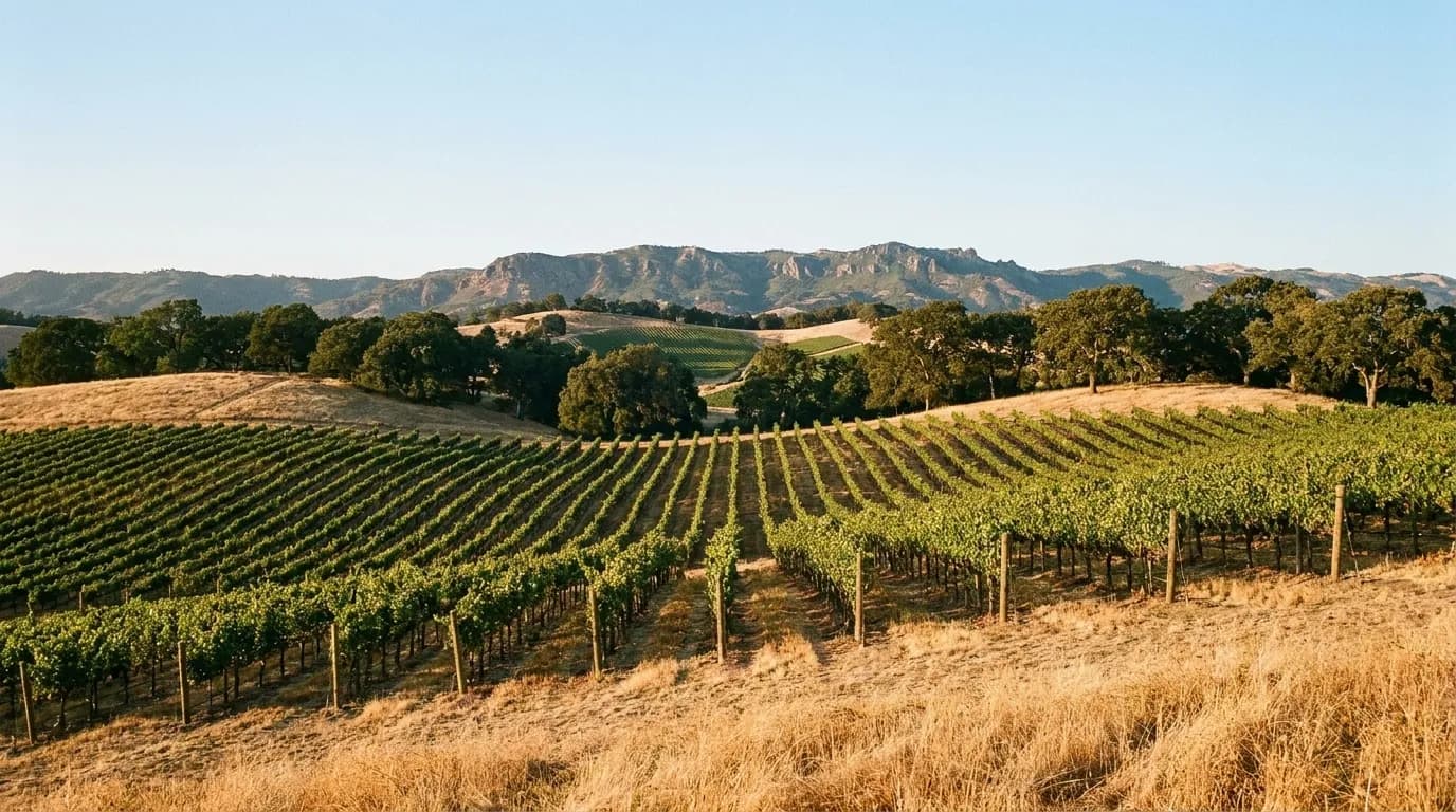 Rows of trained vines running over a low rise with dry golden grass, oak trees and a distant ridge