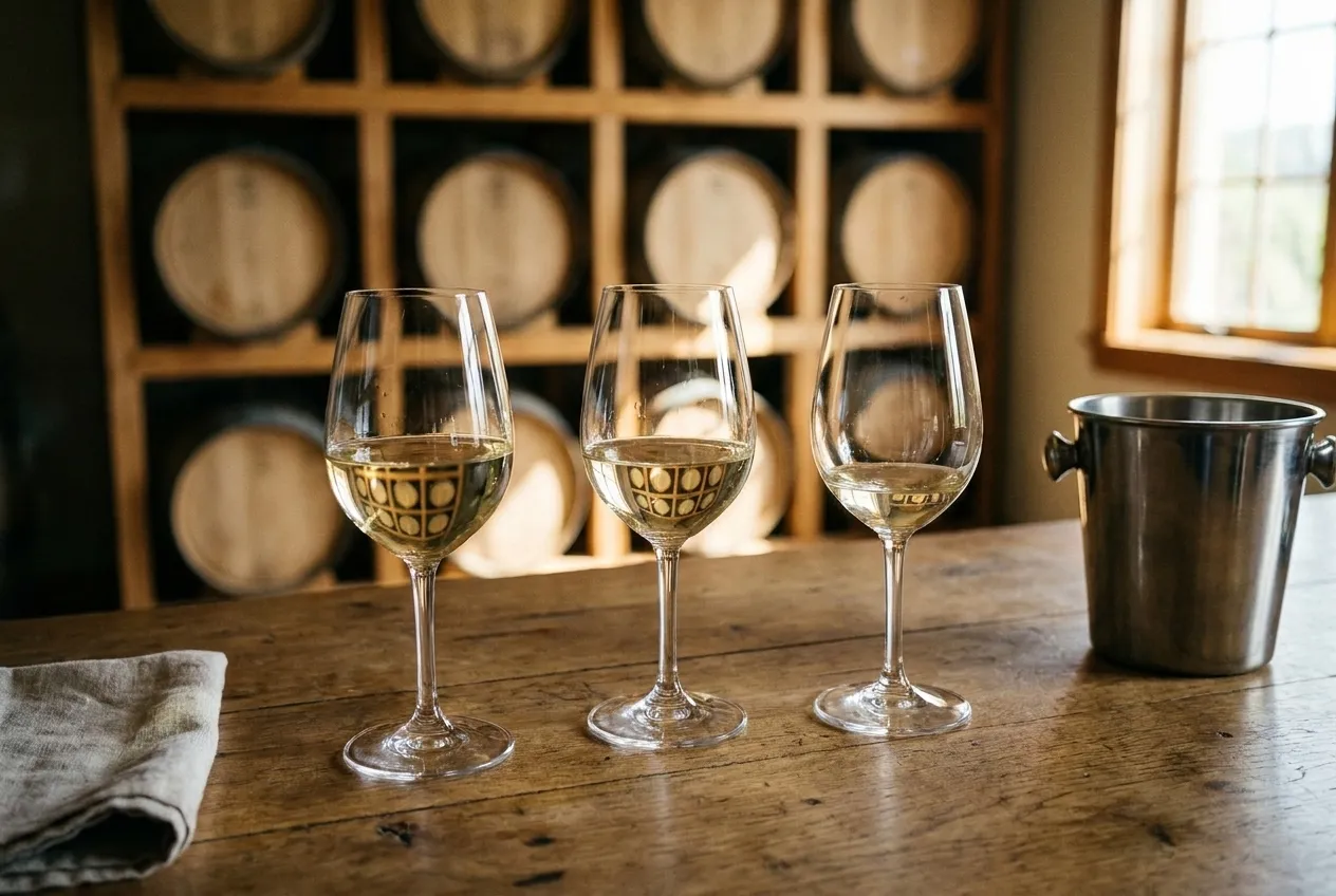 A tasting counter with three glasses of wine at different fill levels and a spit bucket on wood