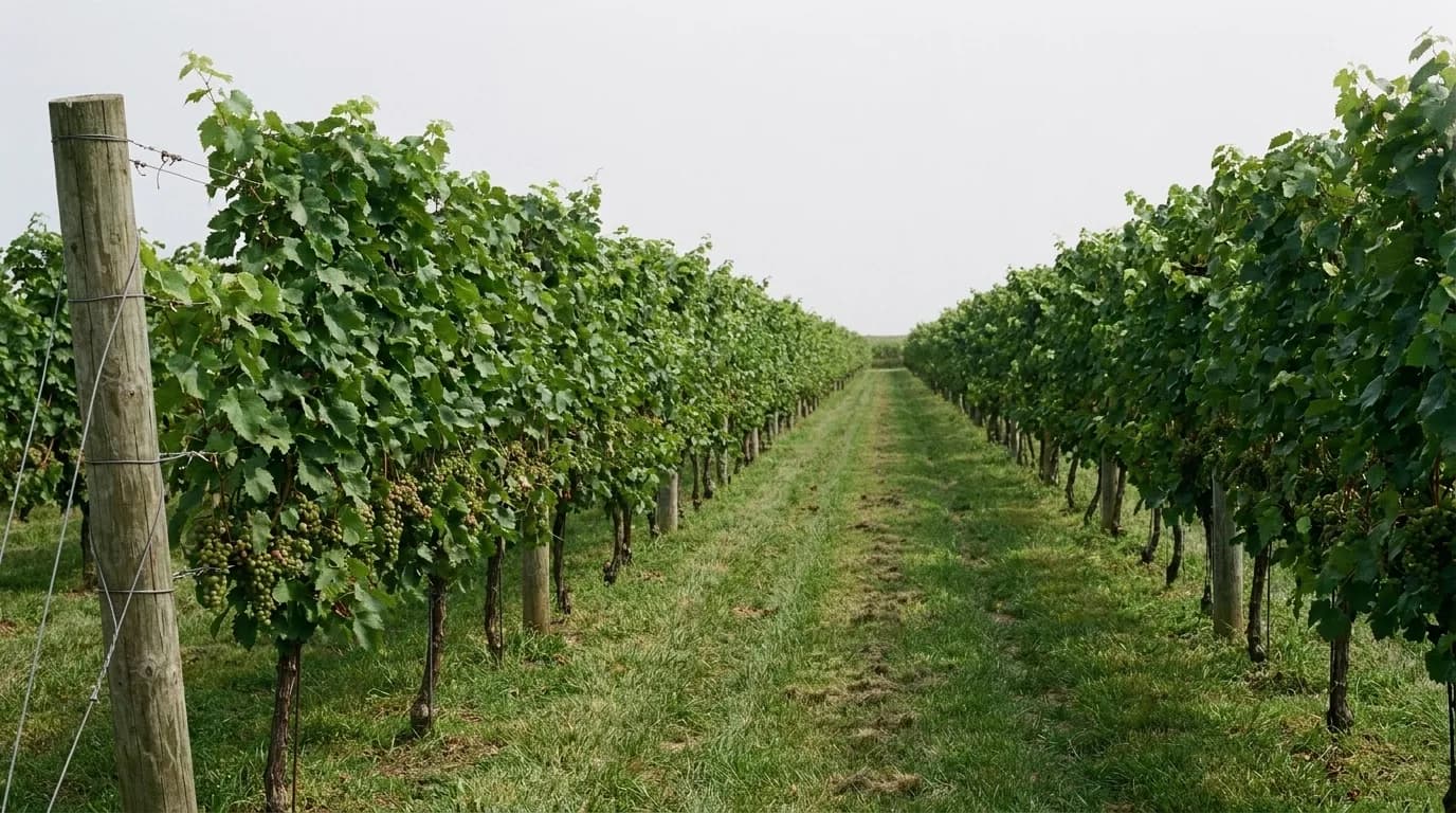 Rows of grapevines running toward a low horizon under a wide pale sky