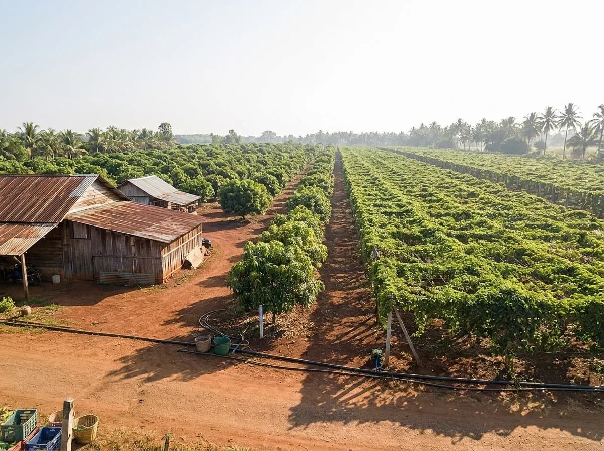 A subtropical fruit farm in late morning with rows of low fruit trees and trellised vines on flat red-brown soil