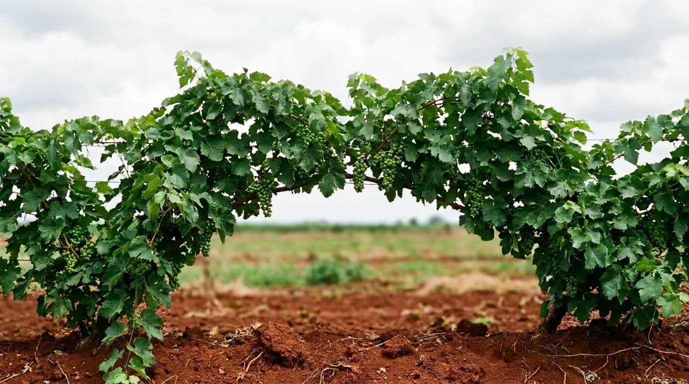 Rows of green vines and tropical foliage in a flat farm field under a bright cloudy sky