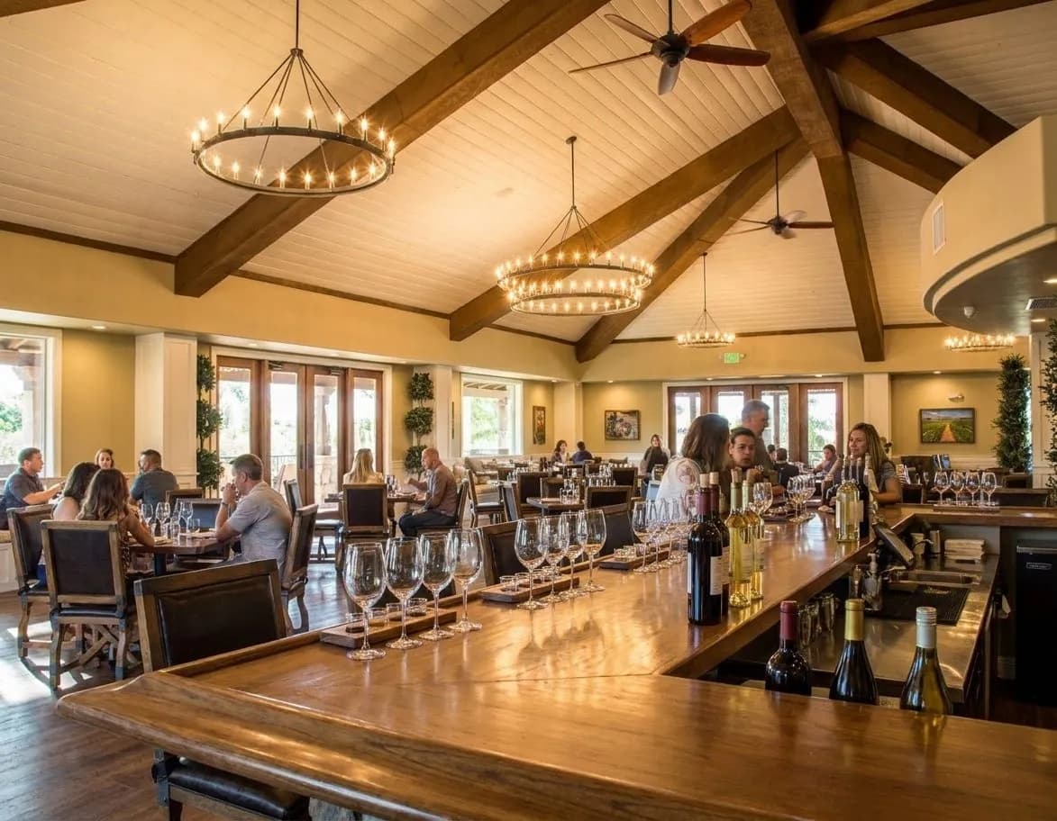 Wine glasses lined up at a tasting bar in Temecula