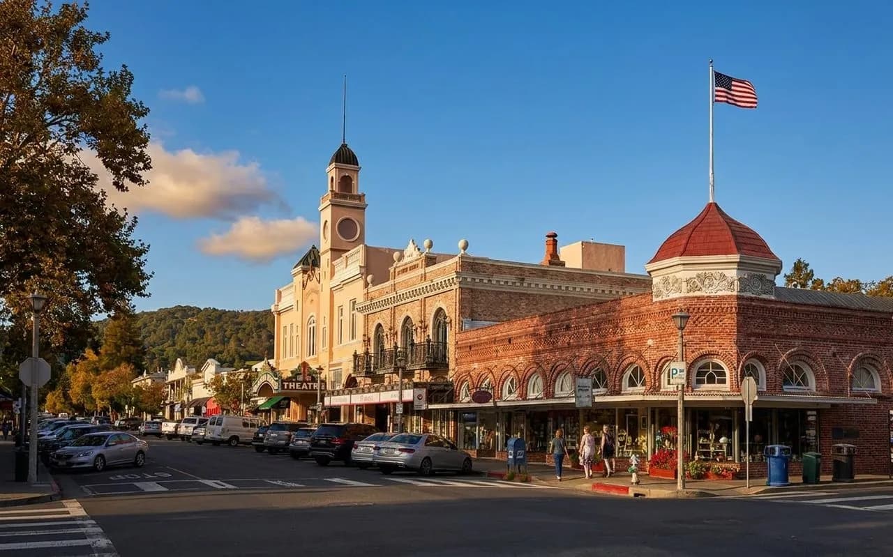 Sonoma Plaza with historic buildings and warm afternoon light