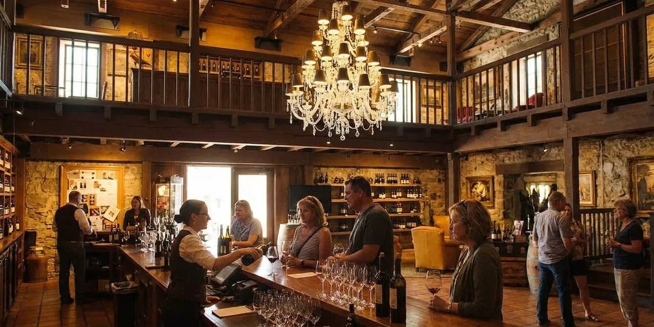 Historic winery tasting room with poured wine and wood counter