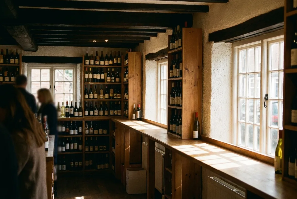 A small wine shop interior with bottle shelves and a narrow standing counter