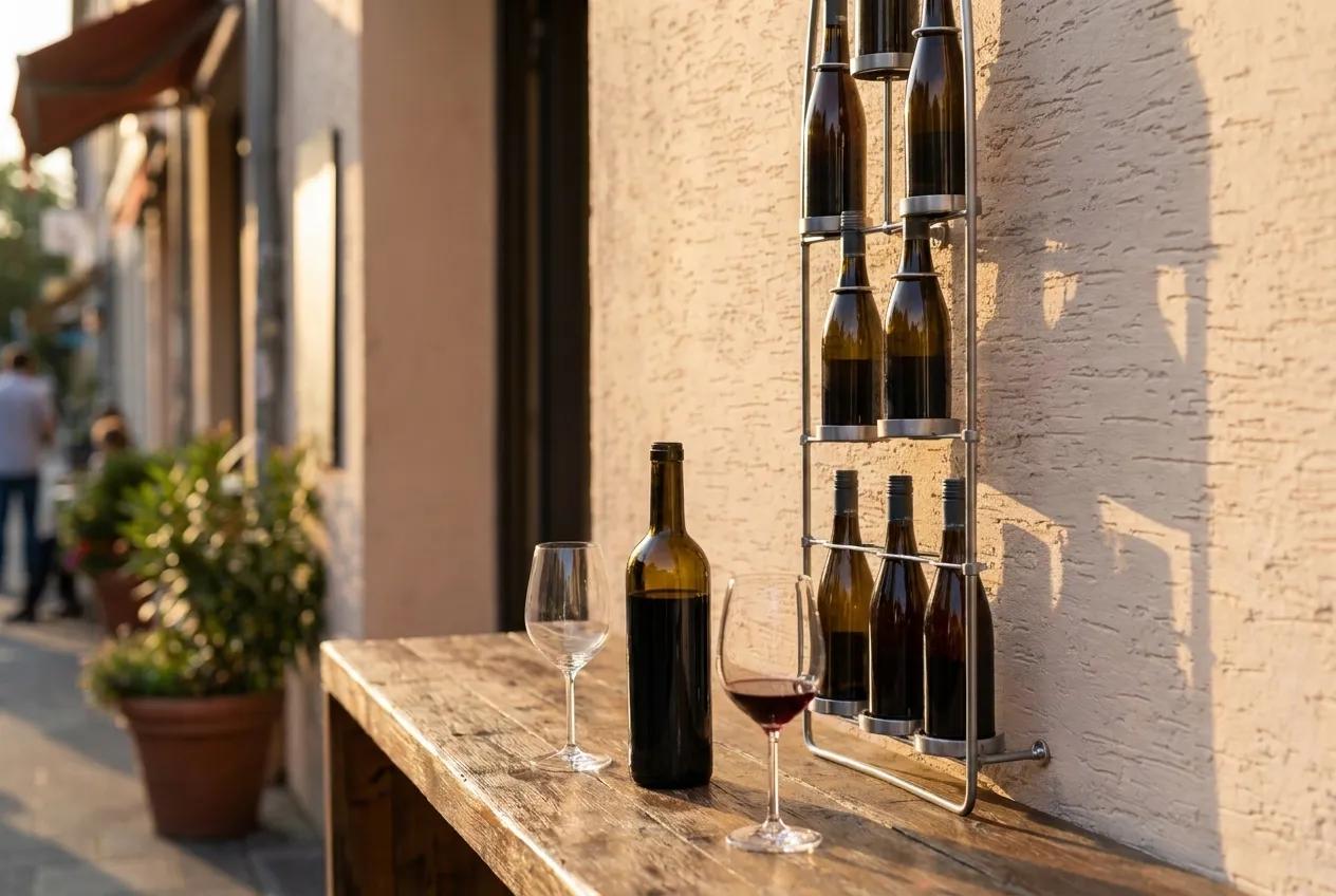 An open bottle and two glasses on a wooden shop counter