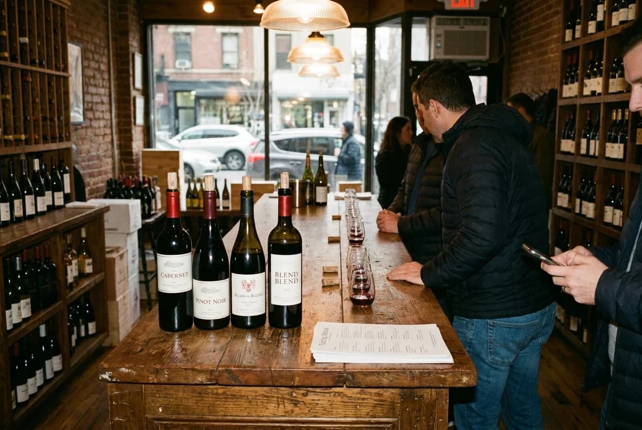 Wine tasting counter with open bottles and pour glasses inside an East Village wine shop