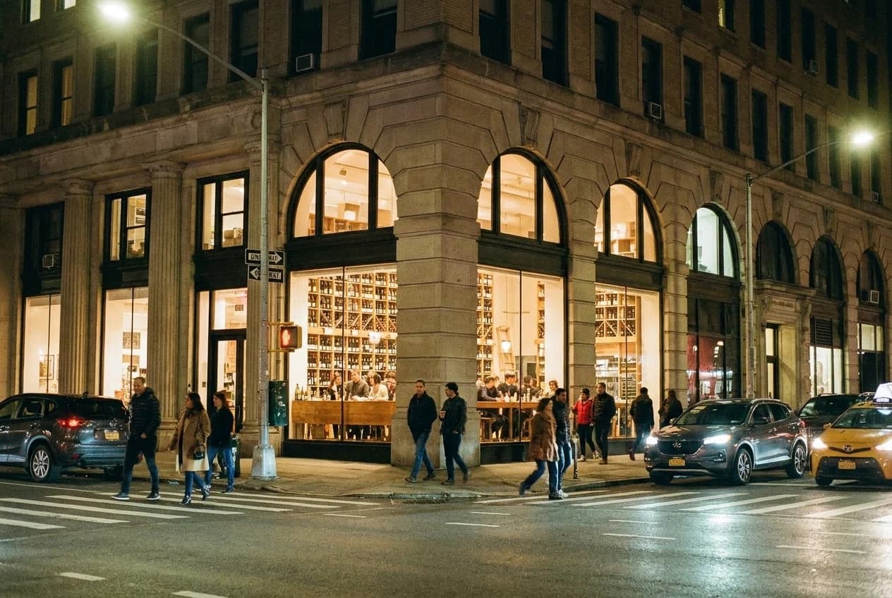 Wine shop storefront on Avenue B in the East Village at night with lit interior and bottle shelves visible