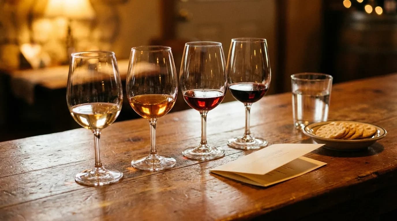 Four small tasting pours lined up on a wooden bar with a water glass and a bowl of crackers