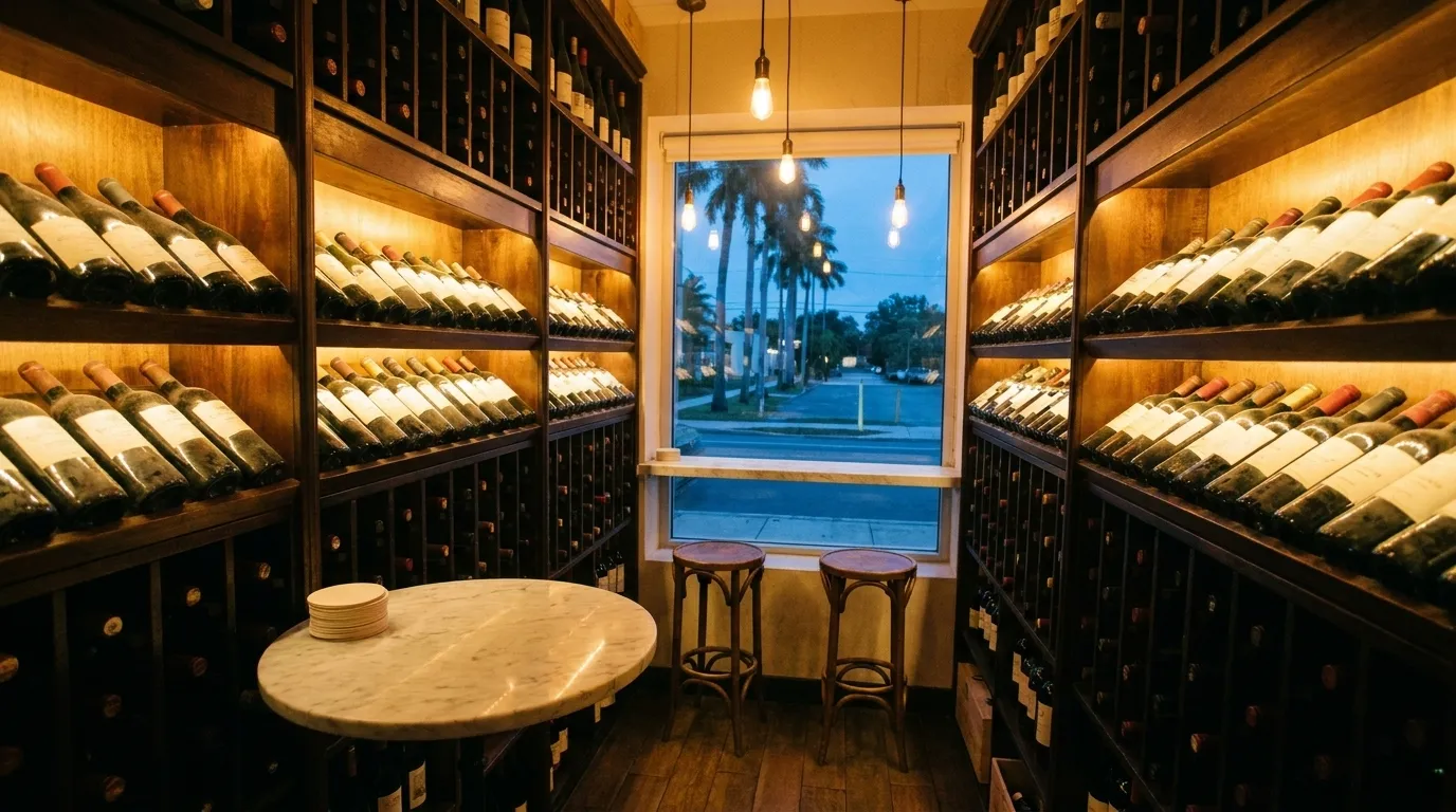 A narrow wine bar with two stools at a window and shelves of bottles along one wall