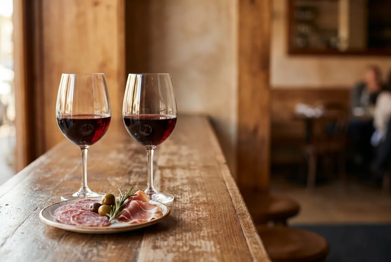 Two glasses of red wine on a wooden bar beside a plate of cured meat