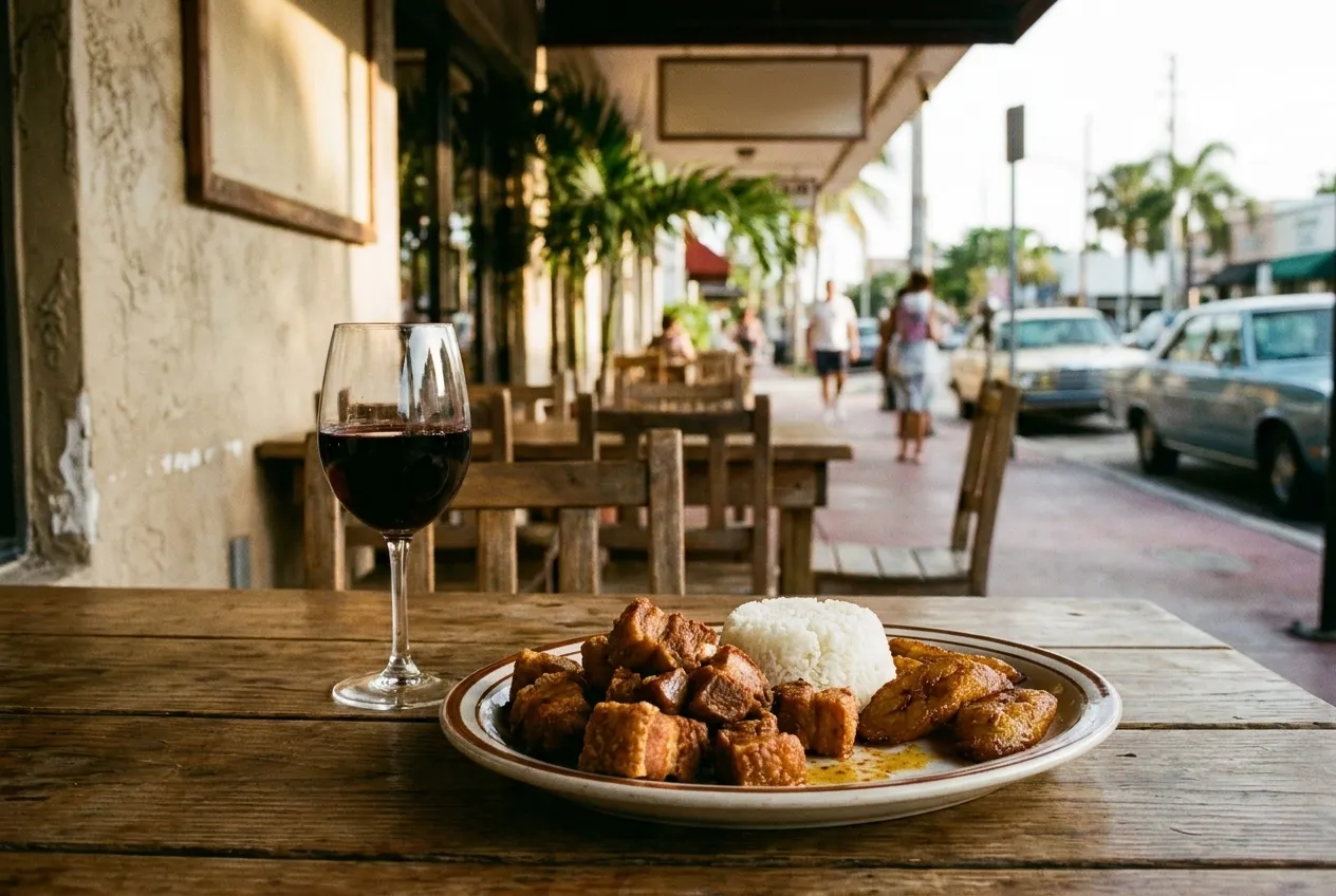 A glass of red wine beside a plate of fried pork and rice on a wooden table, warm side light picking out the surface of the meat