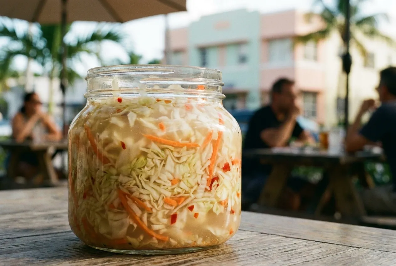 A jar of shredded pickled cabbage and carrot in cloudy vinegar, packed tight against the glass, with flecks of chilli visible