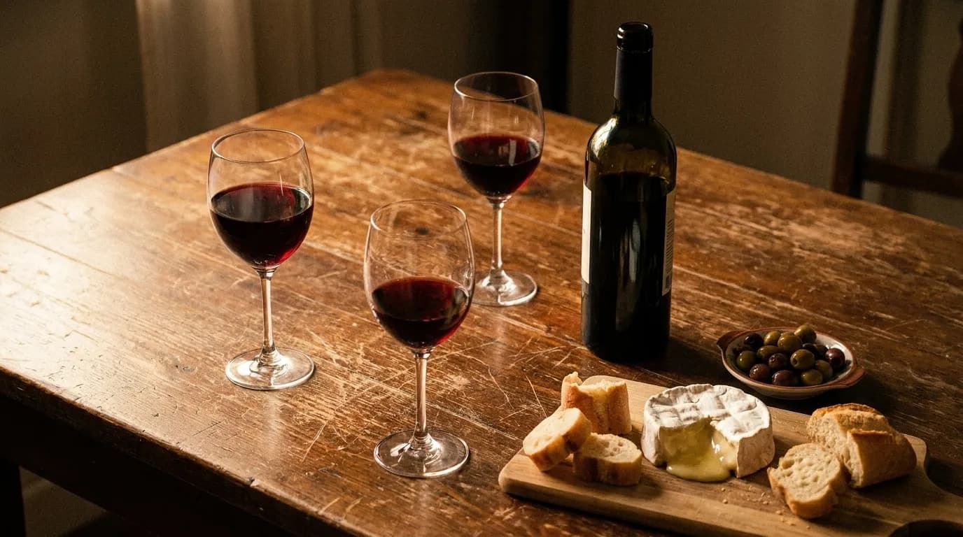 Three glasses of wine at different fill levels on a scratched wooden table beside an open bottle with the label turned away and a plate of cheese and bread