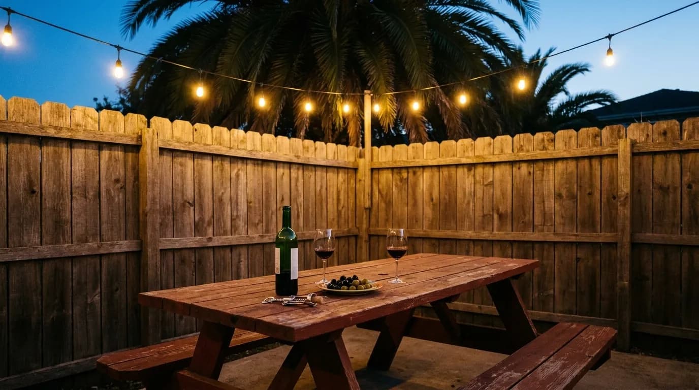 A garden table under string lights with an open bottle, two glasses and a corkscrew, timber fencing and palms behind in the last of the evening light