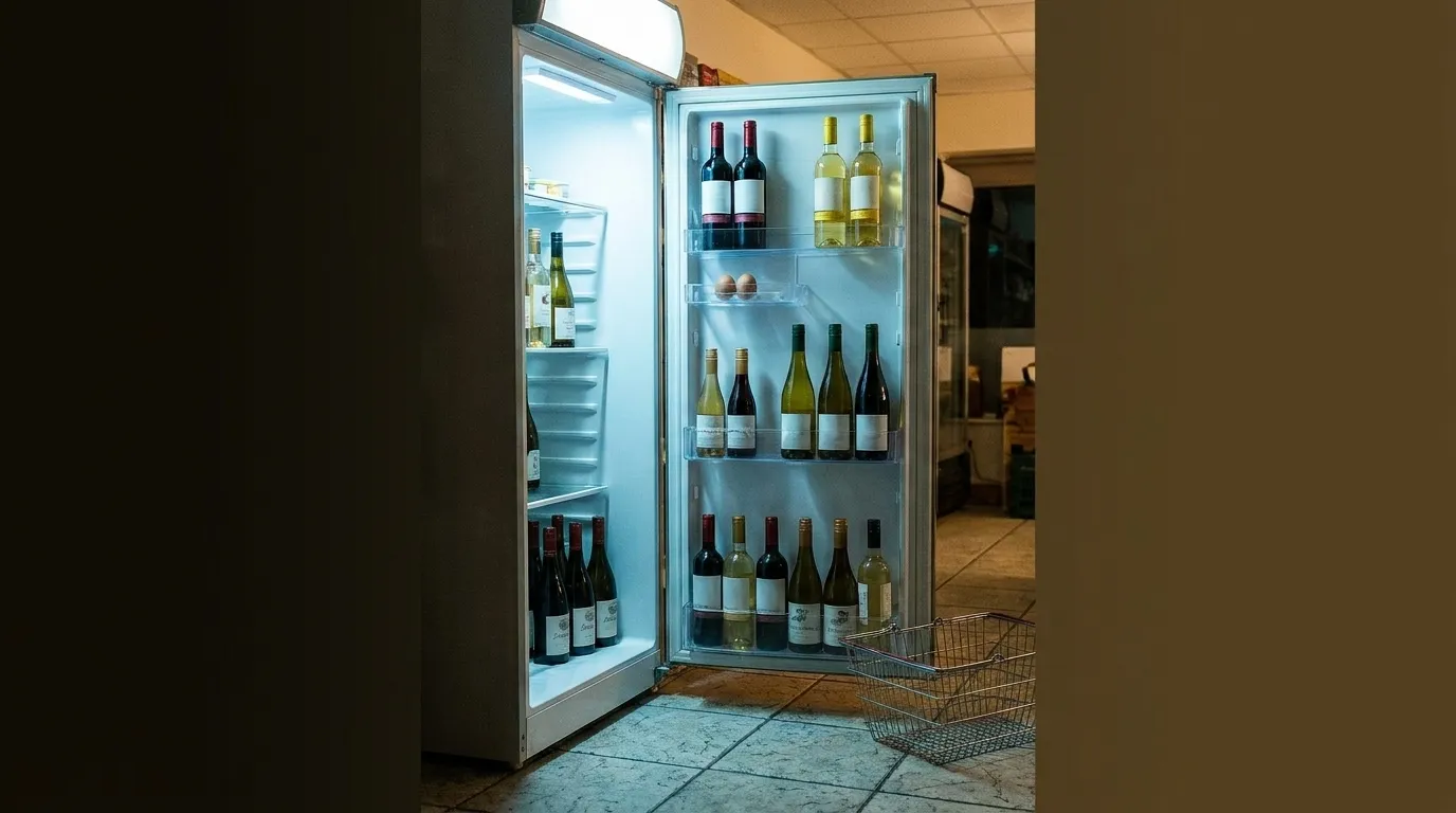 A tall glass-door fridge stocked with wine bottles standing upright, the door slightly ajar and a wire basket on the floor beside it